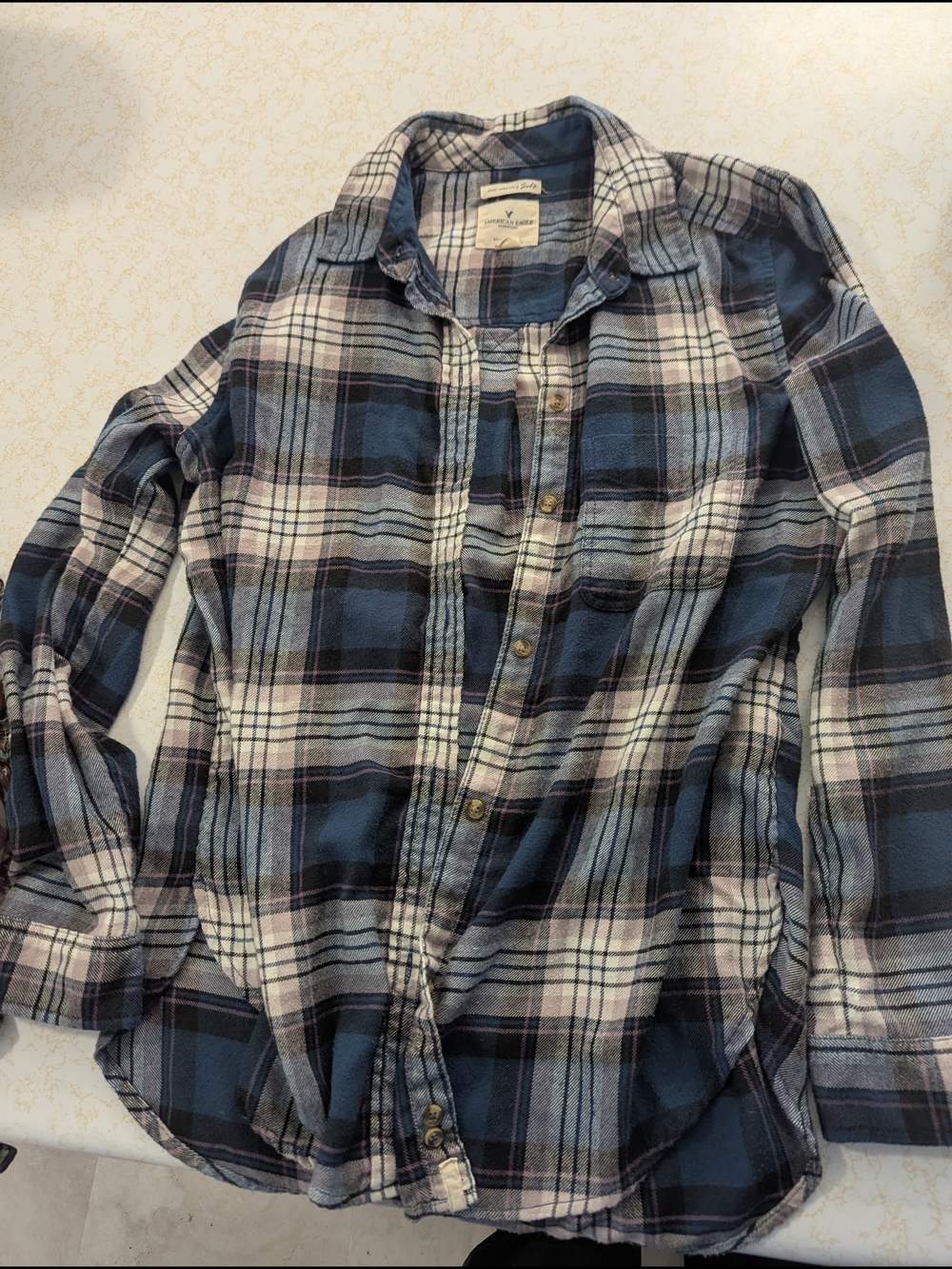 American Eagle Outfitters Navy and Light Blue Plaid Boyfriend Shirt